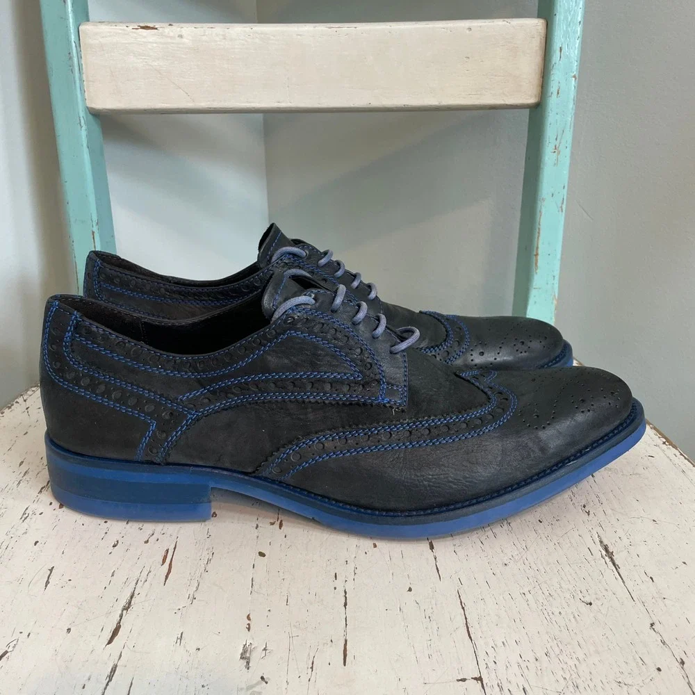 Donald J Pliner Men Black Blue Wingtip Oxford Shoes EMERI 11.5 M Made in Italy